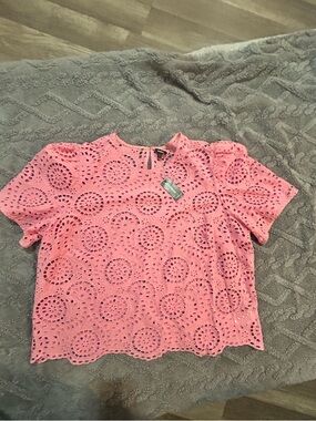 Express Women’s Pink Eyelet Lace Short Sleeve Top